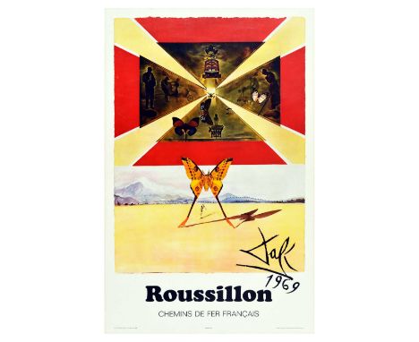 Original vintage travel poster advertising Roussillon featuring butterflies and figures in a red frame with yellow lines of l