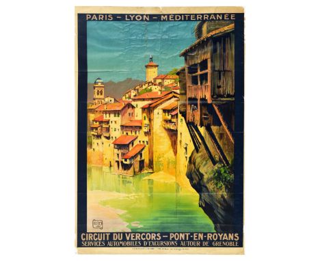 Original vintage PLM Paris Leon Mediterranee railway travel poster for Circuit du Vercors – Pont-en-Royans featuring a stunni