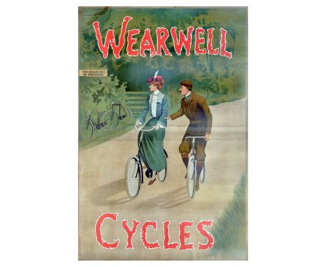 Original antique lithograph poster for the British cycling company Wearwell Cycles (since 1867).&nbsp; Victorian style design