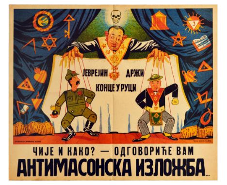 Original vintage Anti-Semitic poster created for the anti-Masonic exhibition held from August 1941 to January 1942 in World W