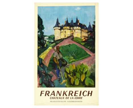 Original vintage railway travel poster advertises tourism to the Loire region in France. The illustration features a wonderfu