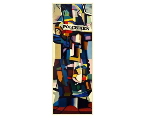 Original vintage advertising poster for Danish newspaper featuring a bold abstract design full of vibrant colours and geometr
