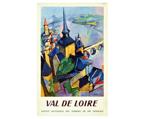 Original vintage travel poster for the Loire Valley France. The illustration features a colourful cubist rendition of the Loi