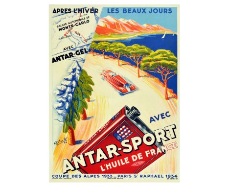 Original vintage advertising poster for Antar-Sport L'huile de France motor oil featuring a great illustration split in two i