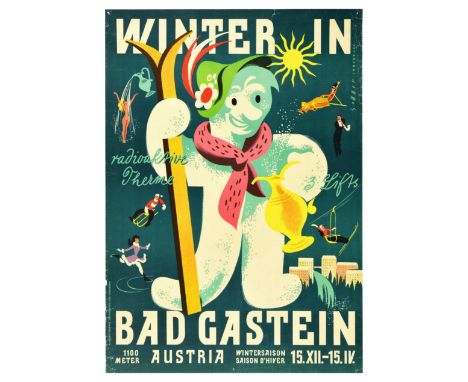 Original vintage travel poster promoting a ski resort and winter sport destination - Winter in Badgastein Austria -  Fun illu