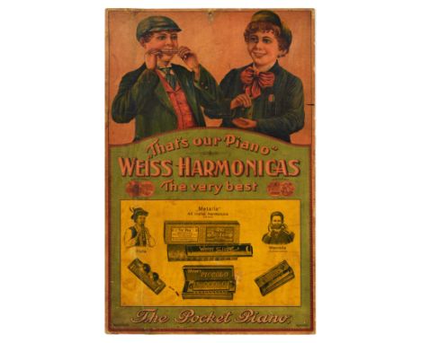 Original antique advertising poster for Weiss Harmonicas, featuring an illustration of two boys dressed in jackets and vests 