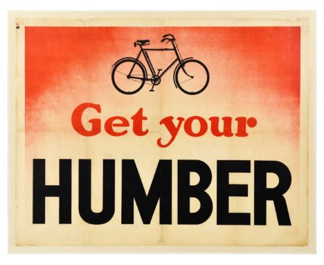 Original vintage advertising poster for Humber featuring a simple design of a bicycle set over gradual red and white backgrou