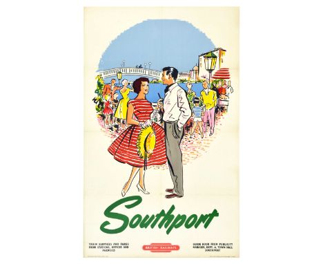 Original vintage travel poster promoting excursions by train to the popular seaside resort town of Southport in north west En