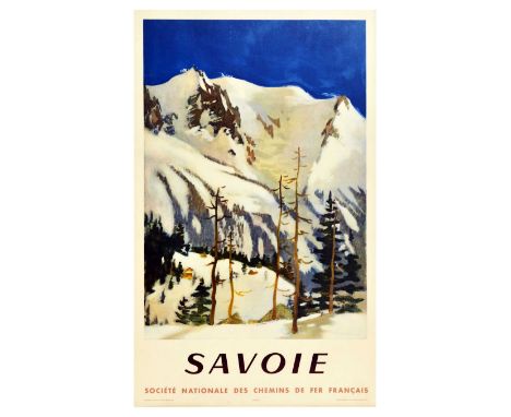 Original vintage travel poster advertising the Savoy region in France. The poster features an illustration of the beautiful S