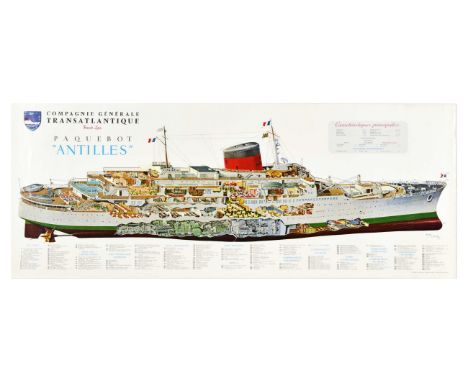 Original vintage cruise line travel poster for Compagnie Generale Transatlantique French Line Paquebot Antilles featuring an 