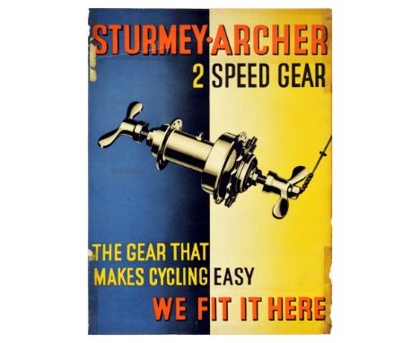 Original vintage advertising poster for Sturmey-Archer 2 Speed Gear - The gear that makes cycling easy. We fit them here. - f