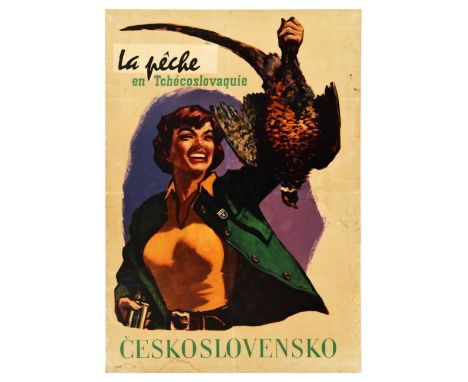 Original vintage travel poster inviting to visit Czechoslovakia for hunting - La peche en Tchecoslovaquie - featuring an illu