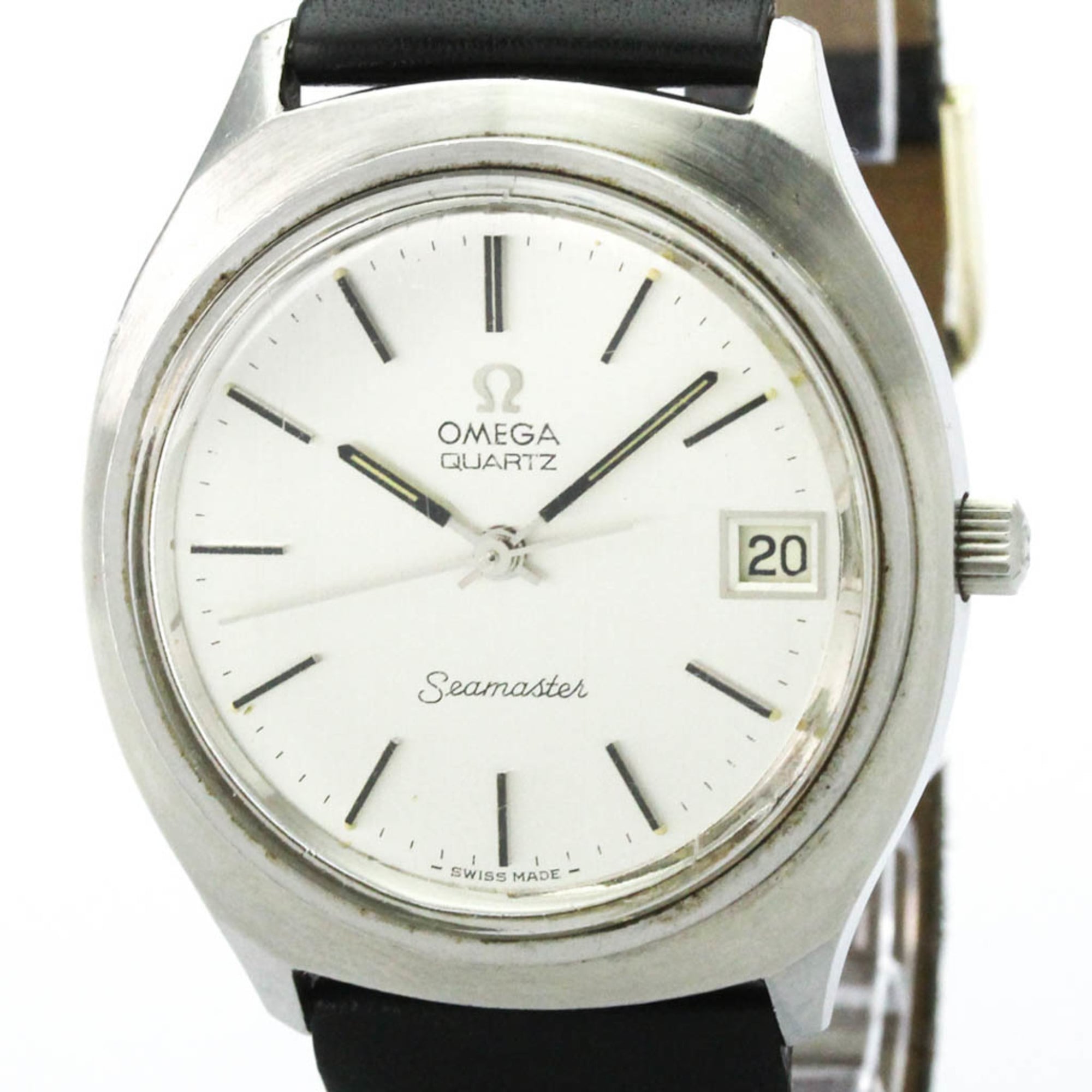 OMEGA Seamaster Date Steel Leather Quartz Mens Watch 196.0072 Vintage