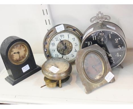 Ingersoll Puritan Radiolite alarm clock, brass timepiece with horseshoe and blue enamelled surround, small ebonised timepiece