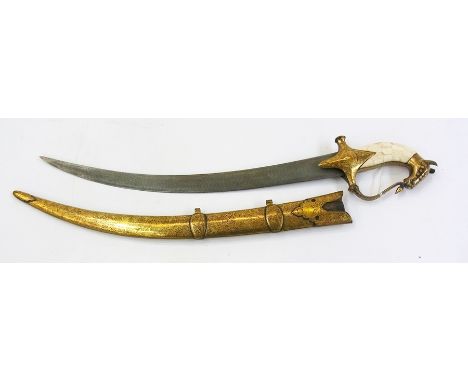 Indian Tulwar style sword, the hilt shaped as a horse`s head, ornate inlaid handle, damascene scabbard