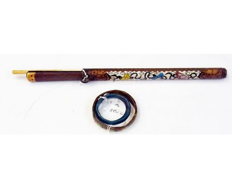Roman amber-coloured glass bangle with applied decoration, 7cm diameter, two turquoise blue glass bangles, 5cm diameter and C