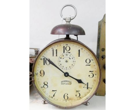 Three clock movements (one with fusee), Ingersoll defiance bakelite alarm clock, mid 20th century stained wood mantel clock i