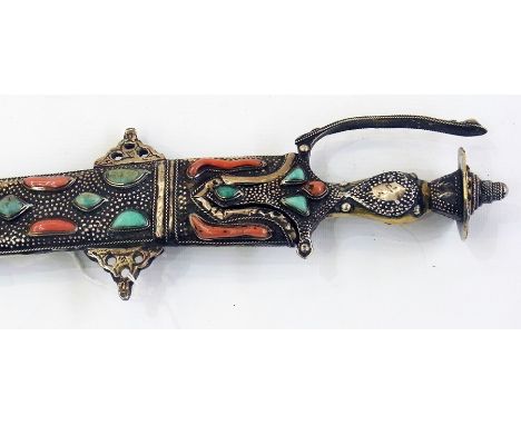 Indian Tulwar sword, with scabbard inlaid with semi-precious stones