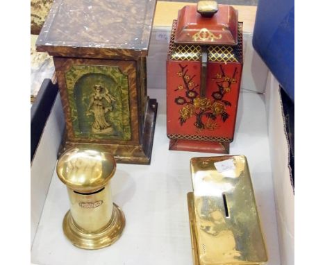 Huntry and Palmers biscuit tin in the form of marble figure with classical statues, W&R Jacob biscuit tin in the form of chin