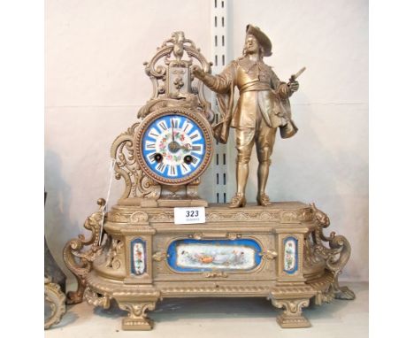Gilt painted metal and porcelain mantel clock, drum-shaped movement with floral decorated turquoise and white porcelain dial,
