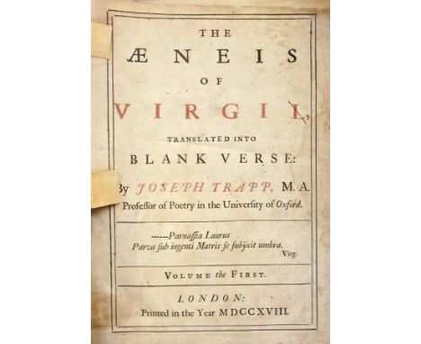Antiquarian books including Trapp Joseph ( trans.) " The Aeneis of Virgil, 2 vols, London 1718, boards detached to both vols,