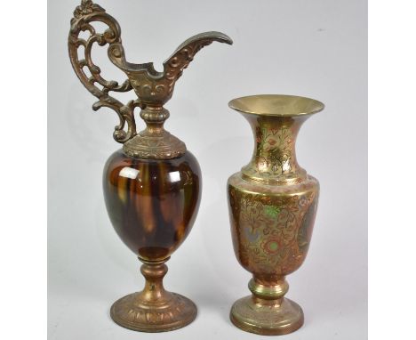 A Modern Italian Ewer and an Indian Brass Vase with Enamelled Decoration, 20cm High