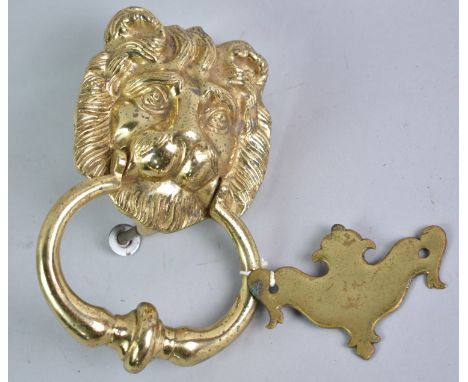 A Modern Moulded Brass Lion Mask Door Knocker and a Brass Escutcheon, Door Knocker 19cm High