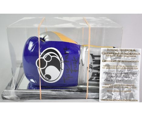 A Cased Autographed Tyson Fury Boxing Glove in Blue and Silver by Grant, with Certificate