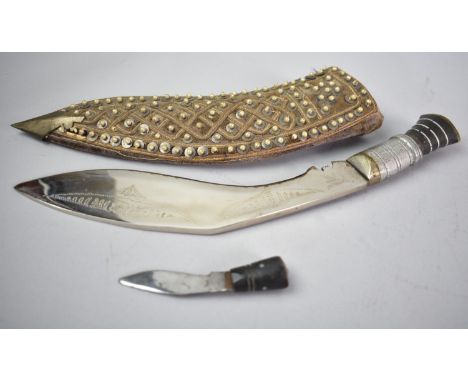 A Late 20th Century Indian Kukri Style Knife with Single Dagger in Bead Mounted Scabbard, 35cm Long