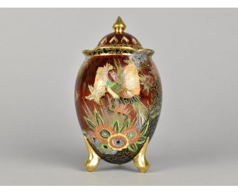 A Crown Devon Fieldings Rouge Royale Lustre Potpourri Decorated with Exotic Birds on tripod Scrolled Feet, 15.5cm high