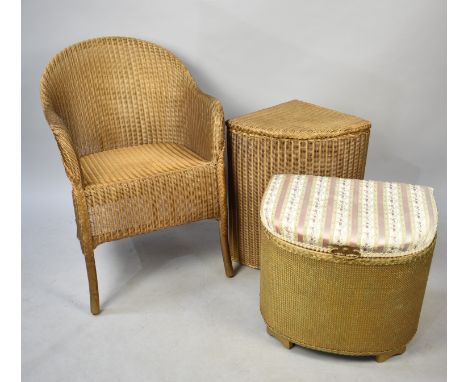 A Lloyd Loom Tub Armchair, a Loom Bow Fronted Linen Box and a Lloyd Loom Corner Bow Fronted Linen Box