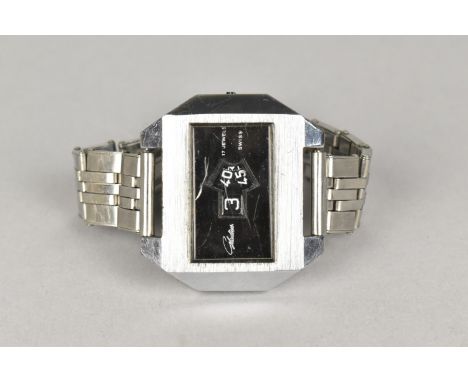 A Vintage 17 Jewel Swiss Gladius Jump Wrist Watch, Rectangular Black Face with Shaped Aperture for Hour and Minutes, Signed i