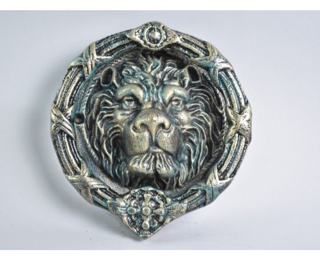 A Large Cast Metal Green and Brass Patinated Lion Mask Door Knocker, 22cm Diameter, Plus VAT