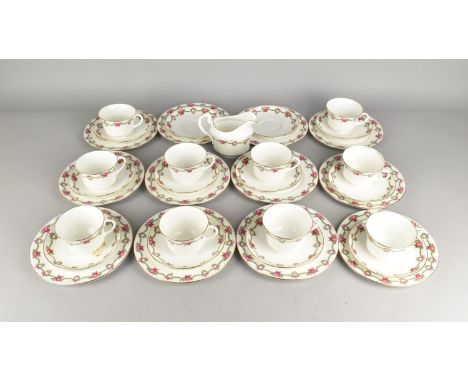 An Aynsley Rose and Swag Decorated Tea Set to Comprise Ten Cups, Twelve Saucers, Twelve Side Plates and a Jug