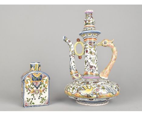 Two Pieces of Portuguese Faience to Comprise Lidded Ewer and Tea Caddy Flask (AF), 29cm and 12.5cm high