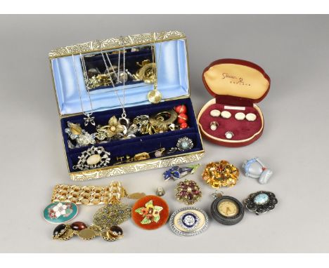 A Vintage Jewellery Box Containing a Collection of Various Vintage Jewellery to include Czechoslovakian Type Brooches, Enamel