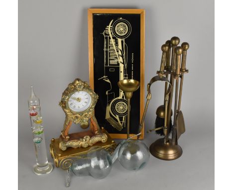 A Collection of Sundries to Comprise Fire Companion Set, Clock, Glass Fruit, Galileo Thermometer etc