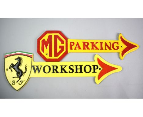 Two Cold Painted Cast Metal Signs, MG Parking and Ferrari Workshop, 44cm Long, Plus VAT