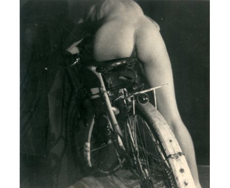 Bellmer, Hans -- Femme à la bicyclette. 1946. Gelatin silver print, printed later. 12,7 x 12,7 cm. Annotated "Bellmer" by ano