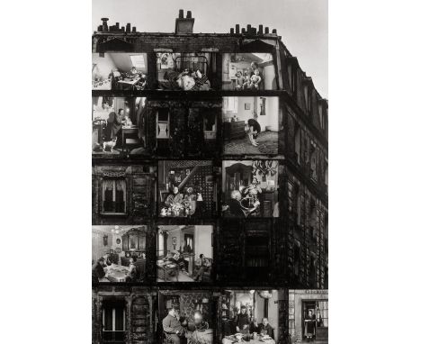 Doisneau, Robert -- Photomontage of various interiors taken by Robert Doisneau, superimposed onto a building wall. 1950s. Vin