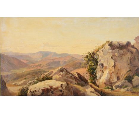 An Early 19th Century Oil on Card:Depicting a panoramic view of a mountainous landscape, probably an en plein air sketch, H 2