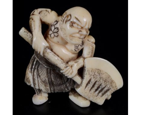 A Japanese ivory netsukeMeiji periodCarved as a menacing warrior brandishing an ono (battle axe).H 4.5 cm.Provenance: The Col