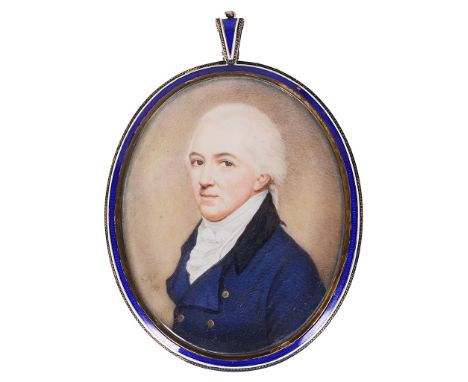 John Smart (British, 1741-1811):A portrait miniature of a gentleman in a blue jacket, signed with initials lower right & date