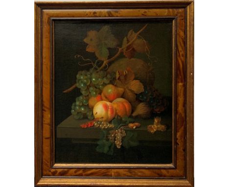 An 18th/19th Century Oil on Canvas:Depicting a still life of fruit on a stone ledge, H 54 x W 44 cm.  Provenance: With W. H. 