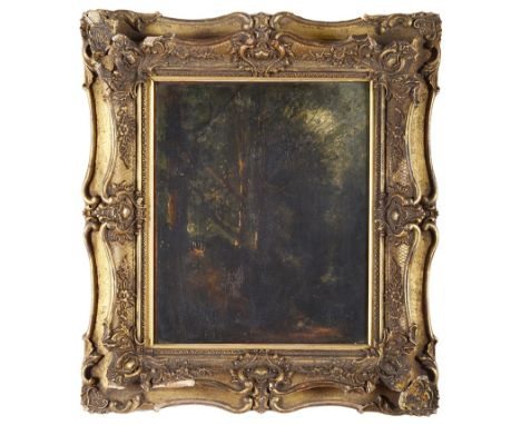 Follower of John Constable, R.A. (1776-1837):Figures in a wooded landscape with gate, oil on panel, labelled verso inscribed 