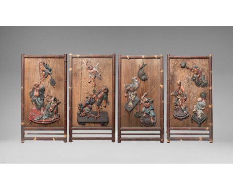 AINO IHEI (ACT. C.1800-50)THE SEVEN GODS OF GOOD FORTUNEEDO PERIOD, 19TH CENTURYFour massive Japanese wood panels, each decor