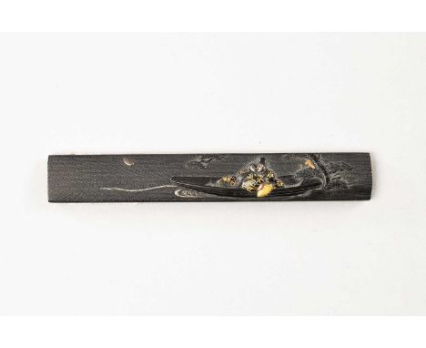 A JAPANESE GOLD, SILVER AND SHAKUDO KOZUKA HANDLE BY GOTO MITSUAKI (B.1816)EDO PERIOD, DATED 1841Inlaid on the shakudo nanako