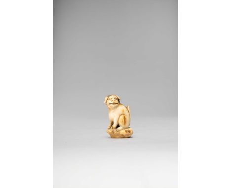 A JAPANESE STAG ANTLER NETSUKE OF A SHISHIMEIJI ERA, 19TH/20TH CENTURYThe lion dog is depicted seated on a rocky outcrop, bar
