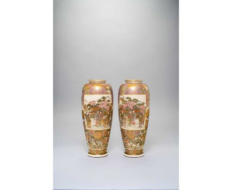A PAIR OF TALL JAPANESE SATSUMA VASES BY KOZANMEIJI ERA, 19TH/20TH CENTURYThe tall slender bodies richly painted in gilt and 