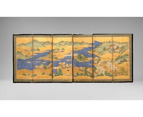 KANO DOSHUN FUKUNOBU (D.1723) VIEW OF LAKE BIWA EDO PERIOD, 18TH CENTURY  A Japanese six-fold miniature byobu screen, in ink,